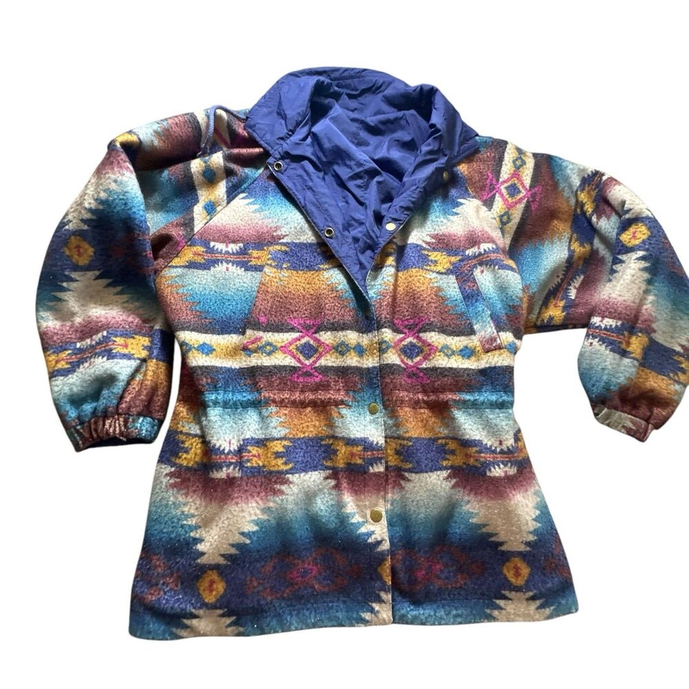 Vintage 90s Unisex Adult Jacket Large Purple Aztec Reversible Western 80s Y2k